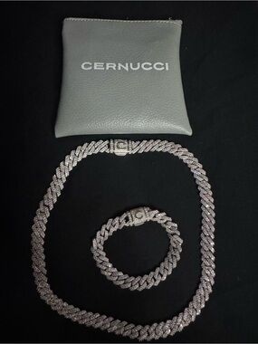 Cernucci Pave Cuban Link Necklace & Bracelet Set - Silver Sparkle